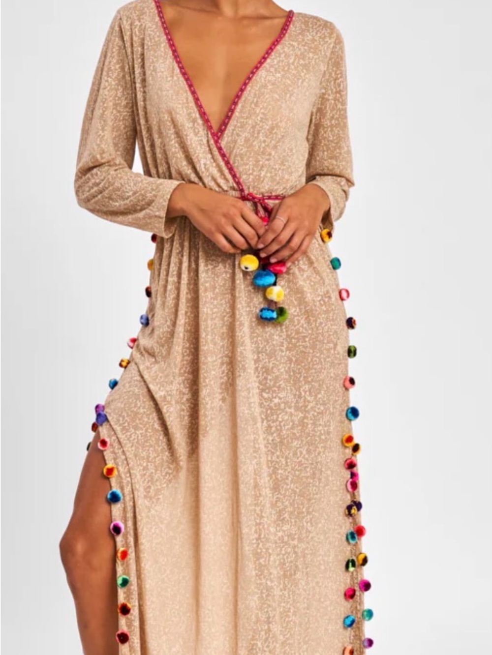 Pitusa Santorini Dress- Wrap Maxi Dress with Colorful Pom Trim